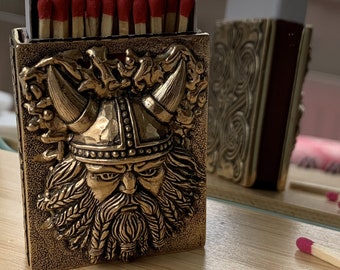 Bronze MATCHBOX holder with a VIKING head and Scandinavian pattern. An amazing GIFT for any occasion. Pocket Matchbox Cover.