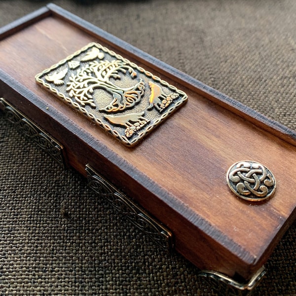 Wooden MATCHBOX decorated with bronze Scandinavian pattern. Tree of life. Smoking Gift.