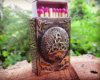 Bronze MATCHBOX holder with The Celtic Trinity Knot decorated with the Tree of life. Hugin and Munin. Pocket Matchbox Holder. Gift.