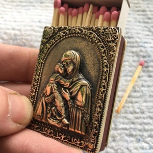 Bronze MATCHBOX holder with Madonna and Child imagery. Virgin Mary. Jesus Christ. Pocket Matchbox Case. Gift.