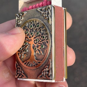 Handmade Bronze Matchbox Cover: Tree of Life, Green Zircons