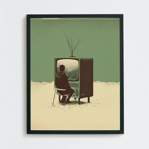Pobierz wydruk sztuki cyfrowej surrealistycznej Man TV | Plakaty surrealistyczne w stylu vintage do wyjątkowej dekoracji ściennej