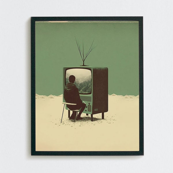 Man TV surreal digital art print download | Vintage surrealism posters for unique wall art decor