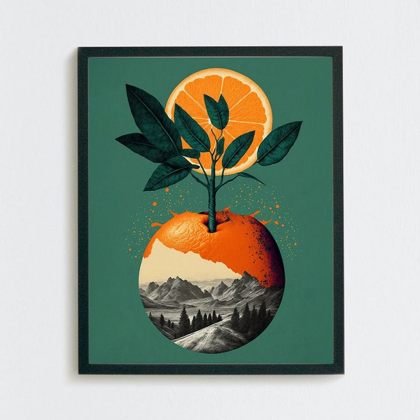 Orange collage surreal downloadable wall art | poster print retro vintage | aesthetic psychedelic