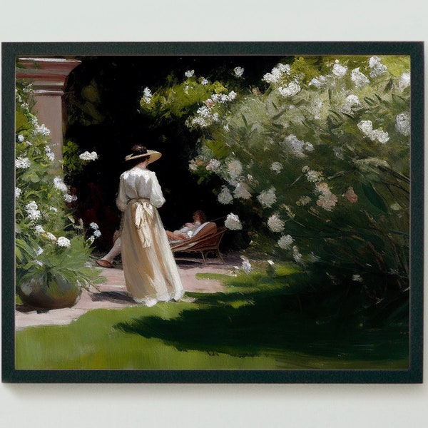 Vintage lady oil painting, garden cottagecore women print, digital download