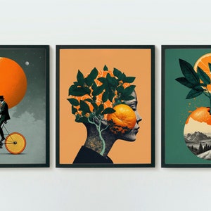 Set of 3 prints - Surreal wall art gallery - digital download prints - printable wall decor - woman orange fruits
