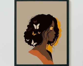 Boho woman art, digital print, black girl illustration, digital wall art, modern woman art, women art portrait, printable art