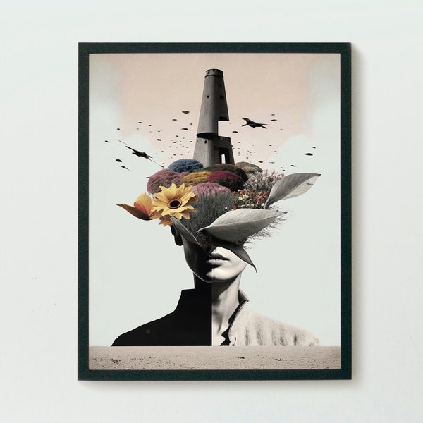 Eclectic surreal altered flower head portrait, woman with flowers painting, digital download art