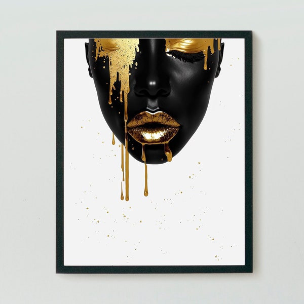 Black woman with gold lips poster, African American art, afro poster, luxury wall art, liquid gold black art