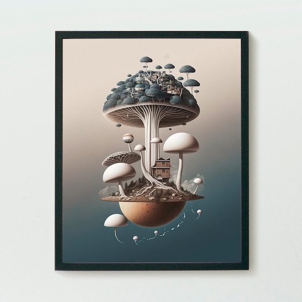 Trippy surrealism mushroom poster, surreal digital download, printable wall art decor