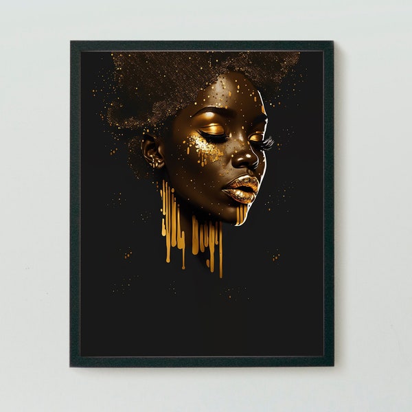 Beautiful woman art - African woman wall art - black woman wall art - afro woman with gold lips - black and gold print - luxury black art