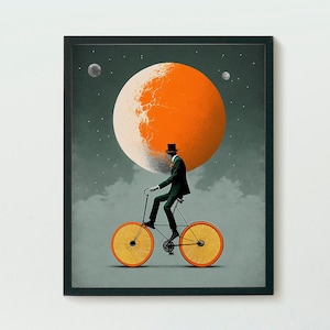 Orange bicycle poster - surreal art print - printable wall art, surrealism painting - downloadable collage art pdf