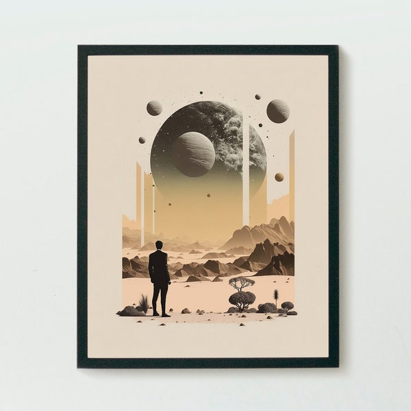 Surreal vintage sci-fi poster- retrofuturism space art - cosmic desert canvas print - instant download