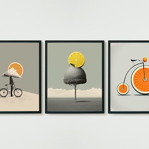 Bundle set of 3 gallery - surreal art print - orange lemon surrealist collage - printable wall art - digital download - surrealism canvas