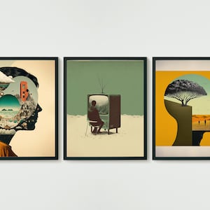 Gallery set of 3 prints - printable surreal wall art - bundle modern living room decor - digital download