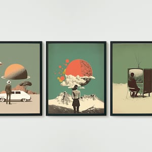 Surreal collage set of 3 prints - retro-futuristic poster - cosmic gallery wall set sci-fi - eclectic art digital download