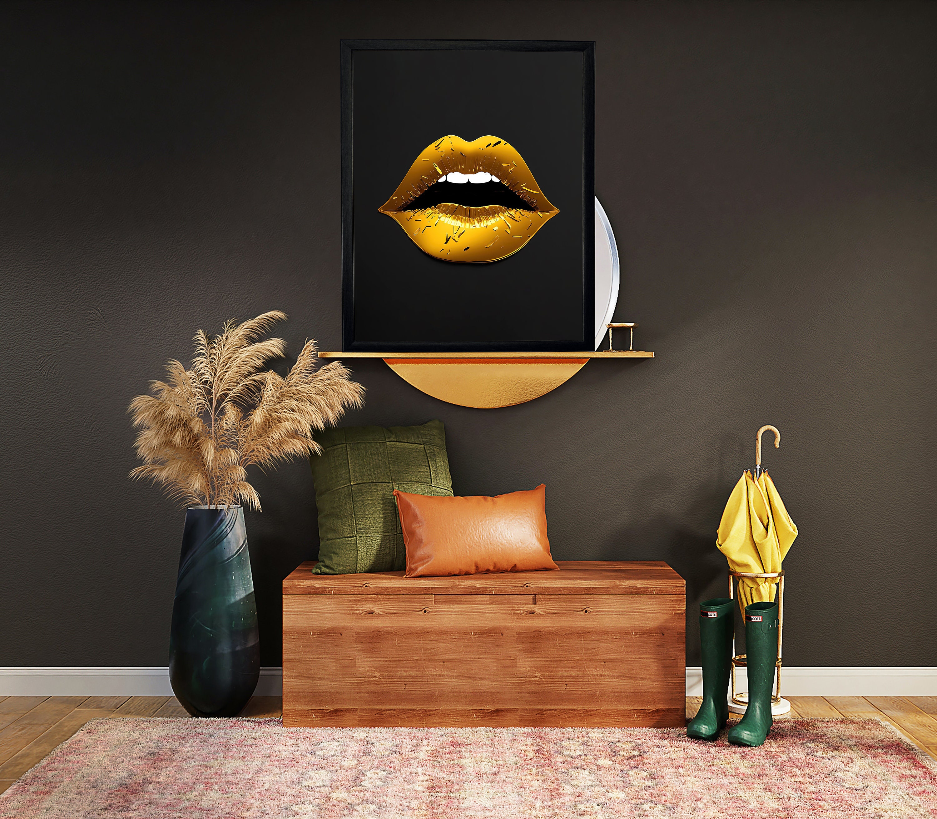 Gold Lips Wall Art With Black Background, Lip Print, Fashion Wall Art ...