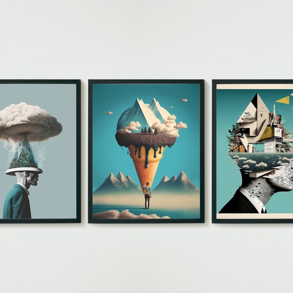 Gallery wall art set of 3 - Surreal paintings modern abstract - printable digital download collage art