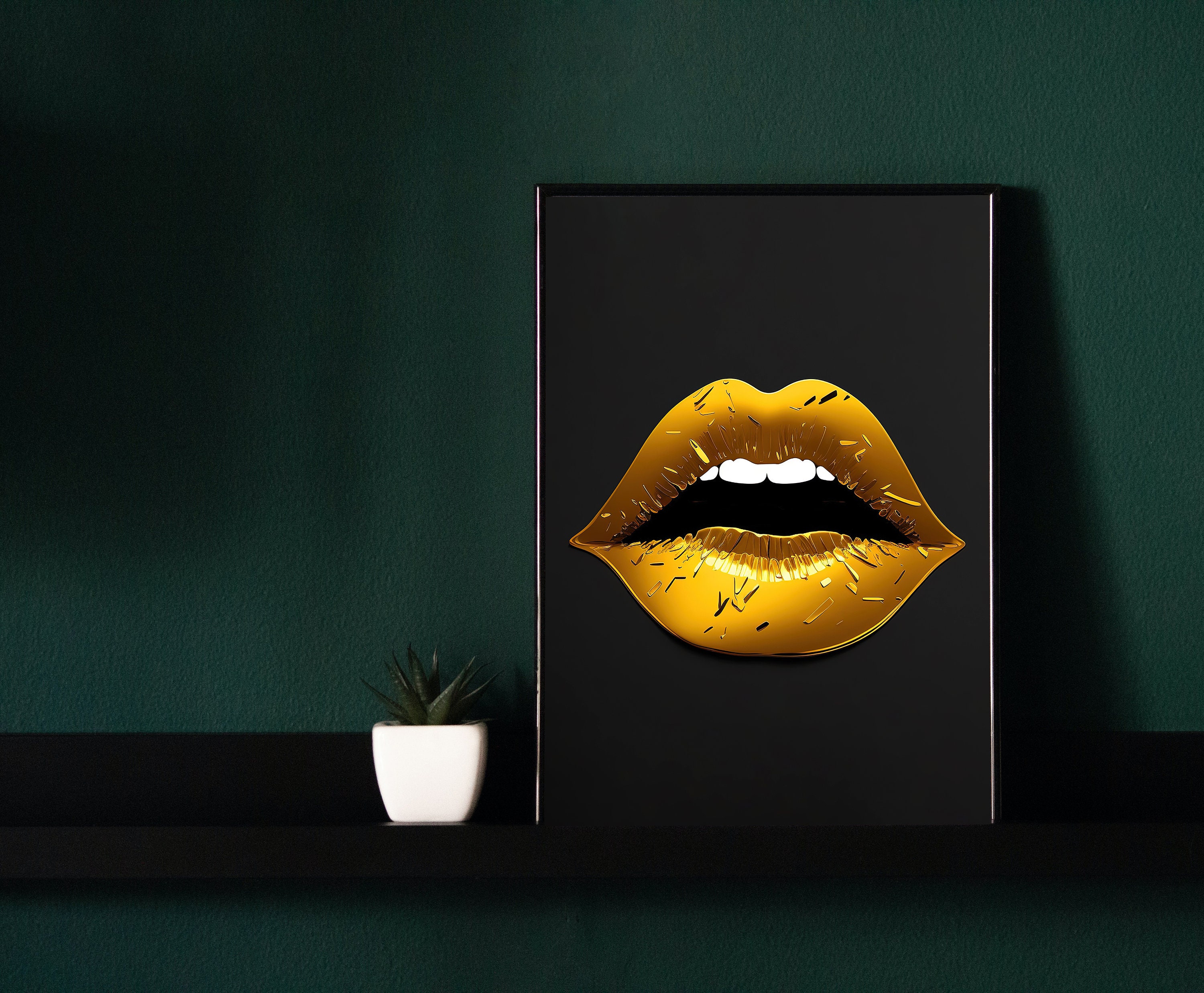 Gold Lips Wall Art With Black Background, Lip Print, Fashion Wall Art ...