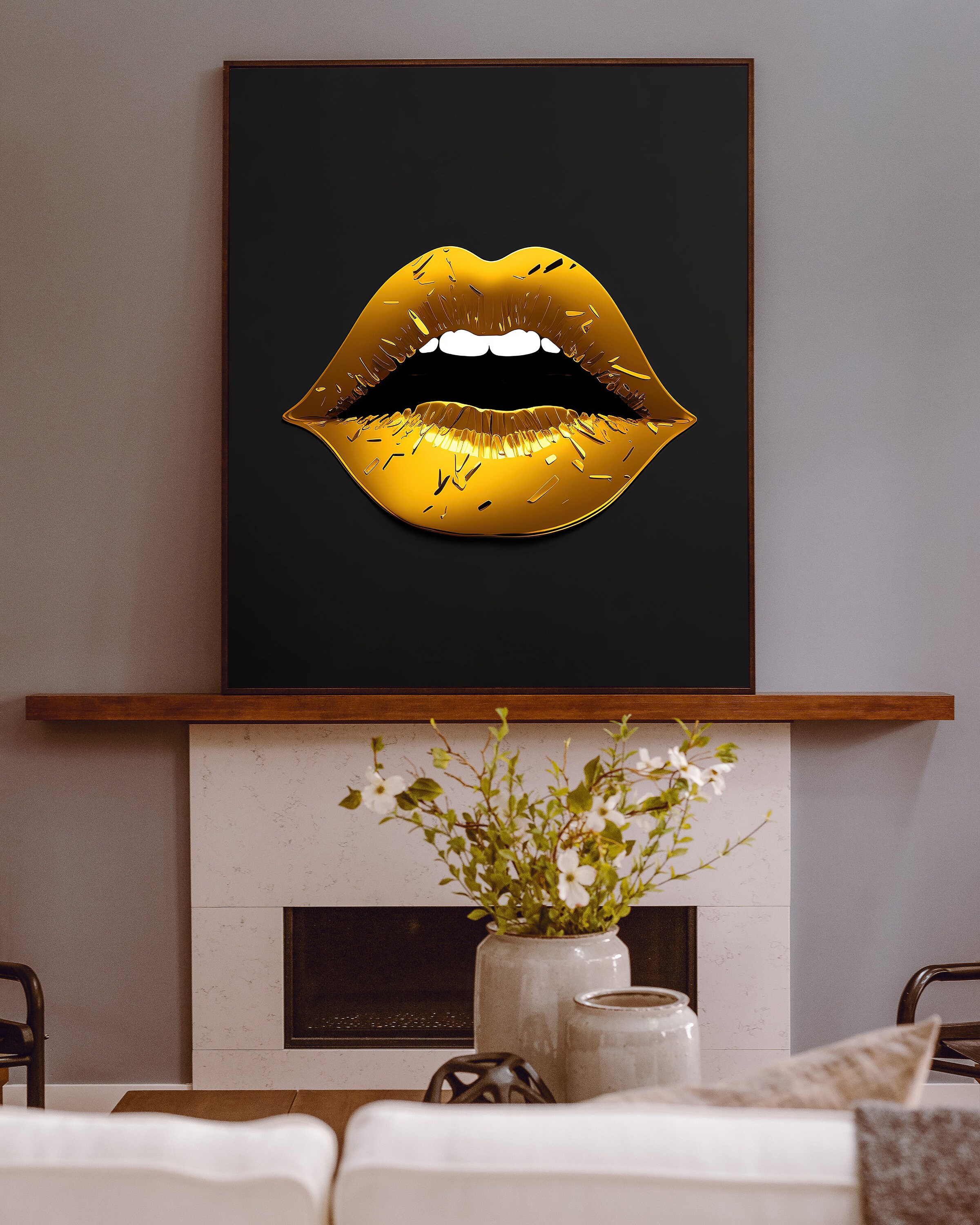 Gold Lips Wall Art With Black Background, Lip Print, Fashion Wall Art ...