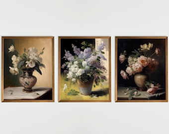 Vintage European gallery wall print set  of 3 - Botanical printable download - French country decor oil paintings