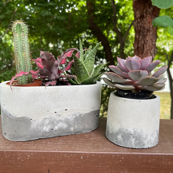 Concrete planter set/Oval planter & matching round planter/ ombré planters