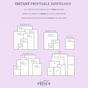 May include: A printable guide for printing art prints in various sizes, including ratios 2:3, 3:4, and 4:5, as well as ISO standard sizes. The guide includes measurements in inches and centimeters for each size. The text "INSTANT PRINTABLE DOWNLOAD" is at the top of the image. The text "PRINCE OF CALLIGRAPHY" is at the bottom of the image.