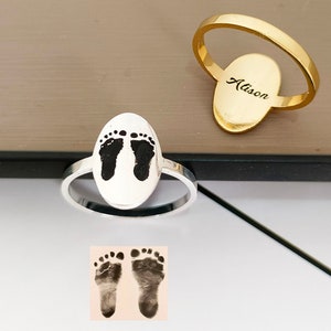 Personalized Footprint Ring,Name Date Ring,handprint ring,new mom ring,Miscarriage Jewelry,Stackable Ring,Fingerprint ring,Mother&#39;s Day Gift