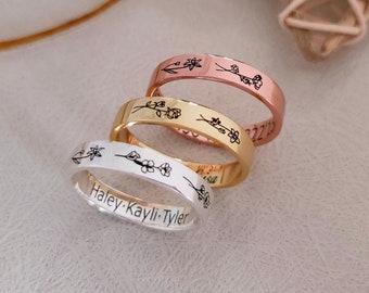 Personalized  Dainty Flower Ring,Custom Name Ring,Stackable Family Ring,Birth Flowers Ring,Friendship Ring,Summer Jewelry,Gifts for Her