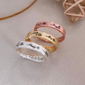 Anillo de flores delicado personalizado, anillo con nombre personalizado, anillo familiar apilable, anillo con flores de nacimiento, anillo de amistad, joyas de verano, regalos para ella