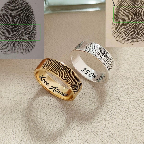 Personalized Actual Fingerprint Ring,Custom Handwriting Ring,Fingerprint Jewelry,Wedding Bands,Eternity Ring,Engagement Ring,Couple Rings