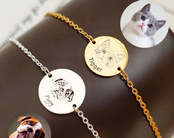 Custom Pet Portrait Charm Bracelet,Engraved Bracelet,Memorial Dog Photo Bangle,Cat Lover Gift,Pet Loss Gift,Pet Memorial Gift,Christmas Gift