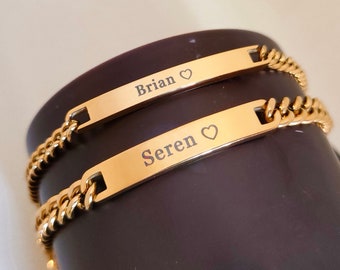 Pulsera de pareja personalizada, pulsera con nombre grabado, coordina regalos de alerta médica, regalo para parejas, regalo del día de San Valentín, conjunto de pulseras de bar