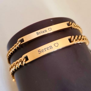Bracelet pour couple personnalisé, gravure du nom du bracelet, cadeaux d'alerte médicale coordonnées, cadeau pour couples, cadeau de la Saint-Valentin, ensemble de bracelets bar image 1