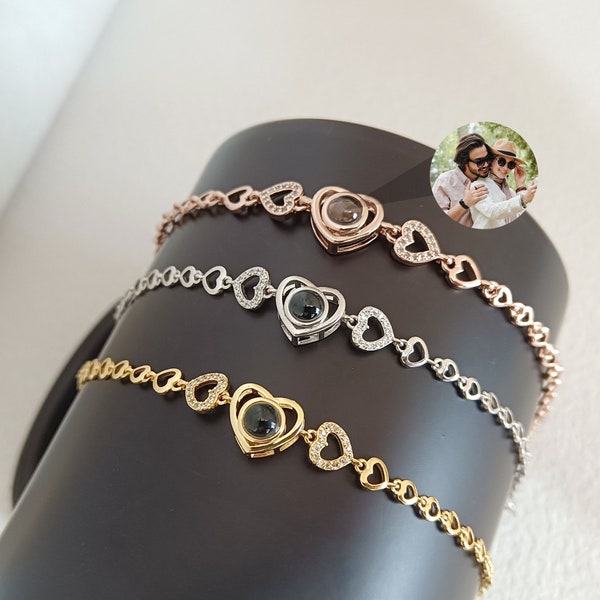 Custom Photo Projection Bracelet,Memorial Picture Inside Bracelet, Personalized Photo Bracelet,Anniversary Gift,Gift for Her,Heart Pendant