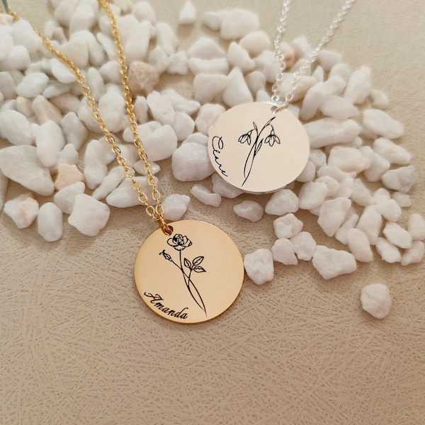 Personalized Name Necklace,Minimalist Floral Necklace,Birth Flower Necklace for Women,Summer Jewelry Floral,Birthday Gift,Family Necklace