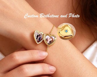 Custom Vintage Photo Bracelet with Birthstone,Heart Photo Locket Bracelet,Anniversary Gift,Memorial Birthday Gift,Christmas Gift for Mom