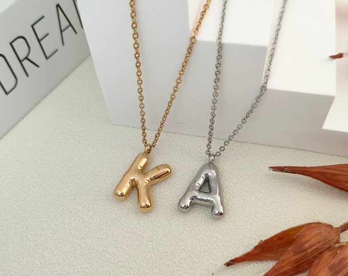 Custom Balloon Letter Necklace,Filled Bubble Letter Necklace,3D Initial Necklace,Christmas Gift For Her,Mother's Day Gift,Puff Name Necklace