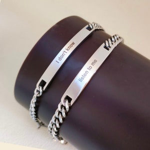Bracelet pour couple personnalisé, gravure du nom du bracelet, cadeaux d'alerte médicale coordonnées, cadeau pour couples, cadeau de la Saint-Valentin, ensemble de bracelets bar image 2