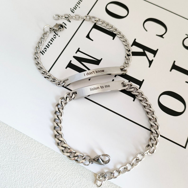 Bracelet pour couple personnalisé, gravure du nom du bracelet, cadeaux d'alerte médicale coordonnées, cadeau pour couples, cadeau de la Saint-Valentin, ensemble de bracelets bar Silver