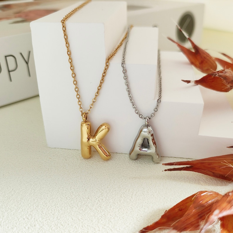 Custom Balloon Letter Necklace,Filled Bubble Letter Necklace,3D Initial Necklace,Christmas Gift For Her,Mother's Day Gift,Puff Name Necklace image 3