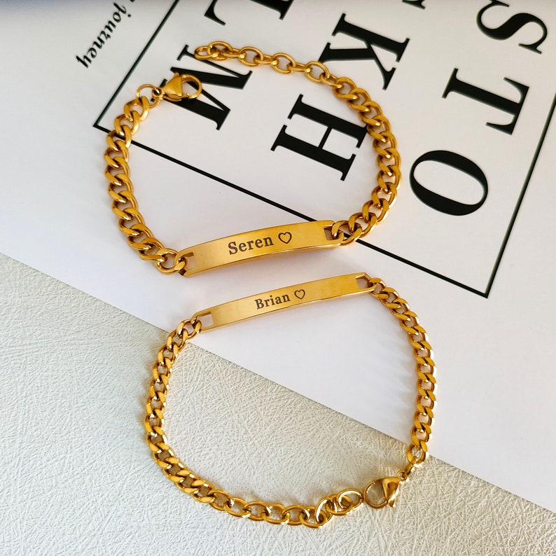 Bracelet pour couple personnalisé, gravure du nom du bracelet, cadeaux d'alerte médicale coordonnées, cadeau pour couples, cadeau de la Saint-Valentin, ensemble de bracelets bar Gold