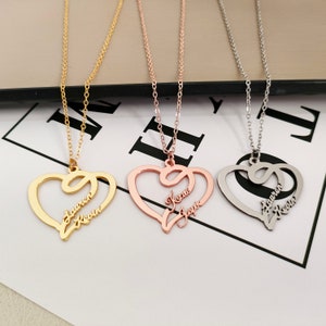 Collar de corazón personalizado, collar con nombre de doble corazón, joyería para parejas, collar con nombre de capa, collar con nombres de niños, regalo para madres, regalo para ella