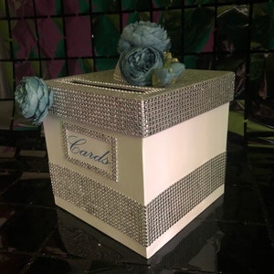 Caja de regalo blanca para tarjetas, caja de cartón, caja de tarjetas de regalo, caja de tarjetas blanca con peonías azules, caja de regalo para tarjetas