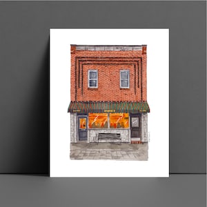 May include: A watercolor painting of a brick building with a green awning that says "Goodie's". The building has two windows and a door. There are people sitting inside the building.