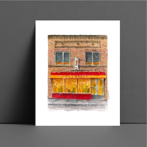 May include: Watercolor painting of a brick building with a red awning that says "Cy's Roost". The windows are lit up and there are people inside. The sign above the awning says "Girts Beer" and "Cusinas Food".