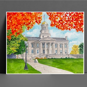 Impression paysage aquarelle Old Capitol IOWA CITY IA