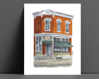 May include: A watercolor painting of a brick building with a green awning. The building has a sign that says "John's Grocery" and the number "1046" above the door.
