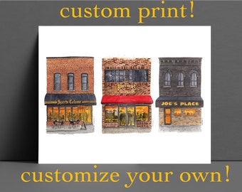 May include: A watercolor illustration of three storefront buildings with red awnings. The buildings are brick and have windows and doors. The storefronts are labeled "Sports Column", "The Brothers", and "Joe's Place".