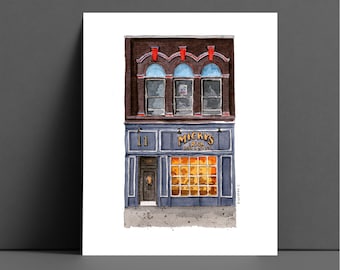 Micky's Irish Pub & Grill, Iowa City Bars, IOWA CITY, IA art College Bars Watercolor Art Print